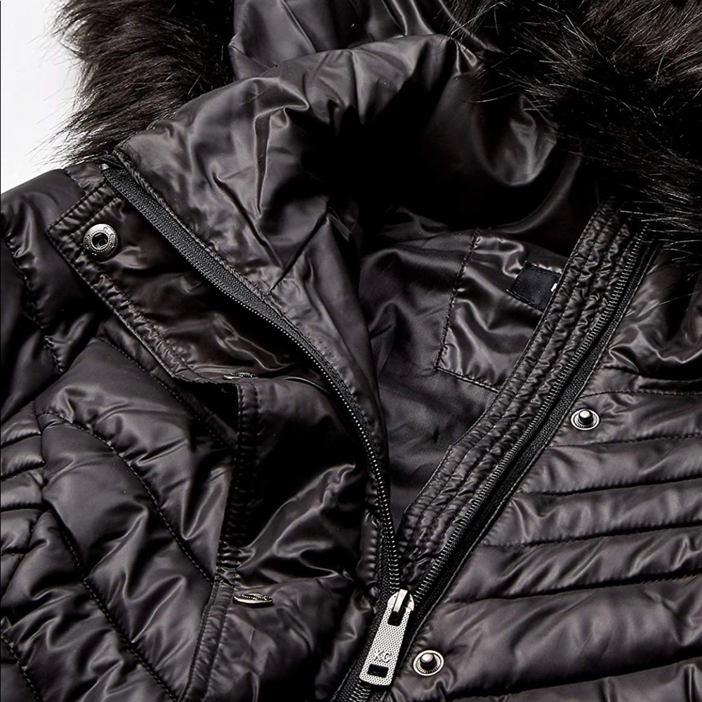 🎁 Kenneth Cole New York Women's Short Puffer Faux Fur Trimmed Hood Black Large - Picture 4 of 8